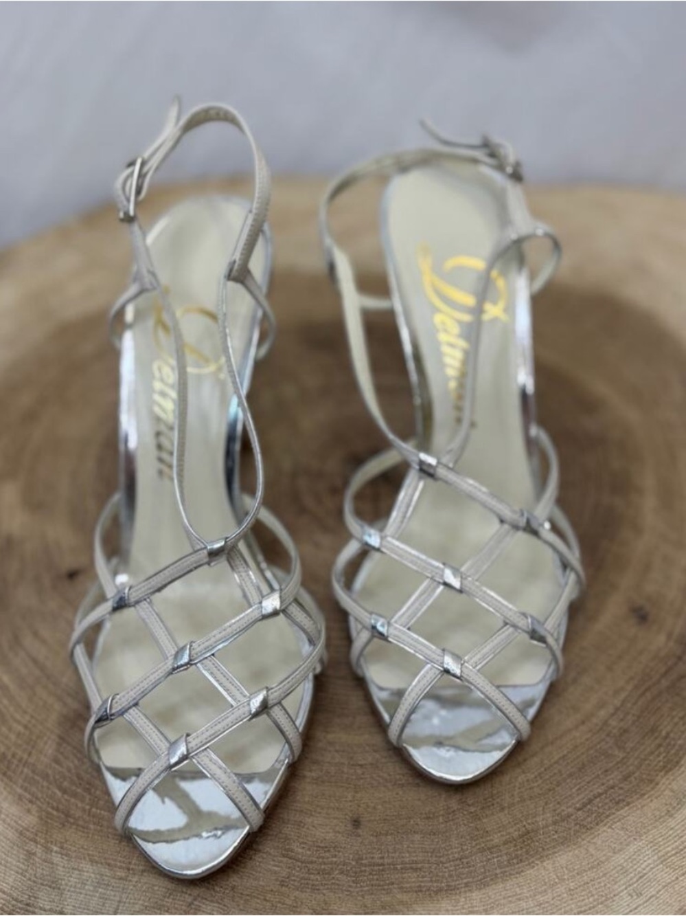 Designer Delman Bone/Silver Strappy Heel Sandals - 7M (Vintage-Inspired)